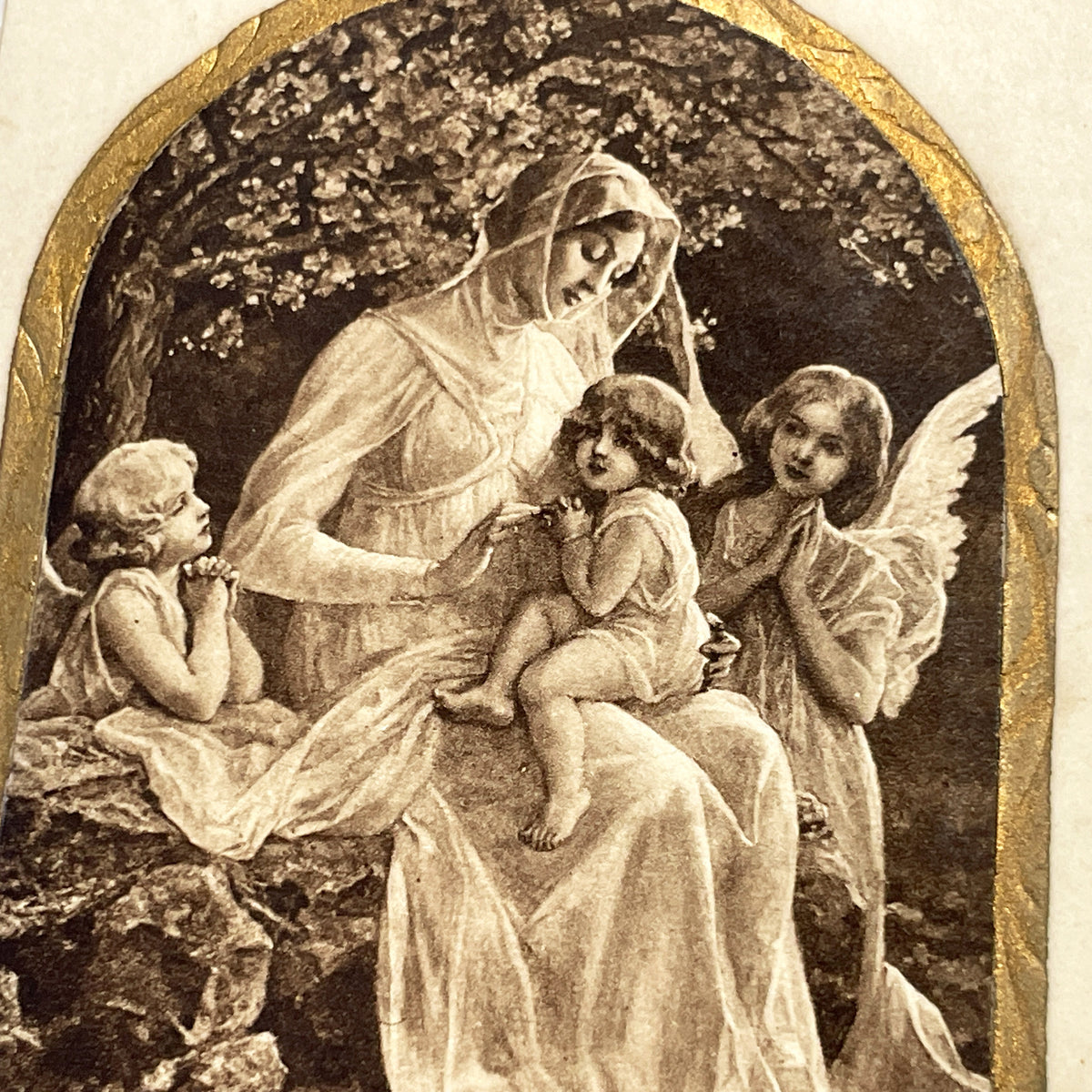 1900s - Vintage Religious Devotional Card - Madonna and Child with Angels - Antique French Prayer Card - Art Print