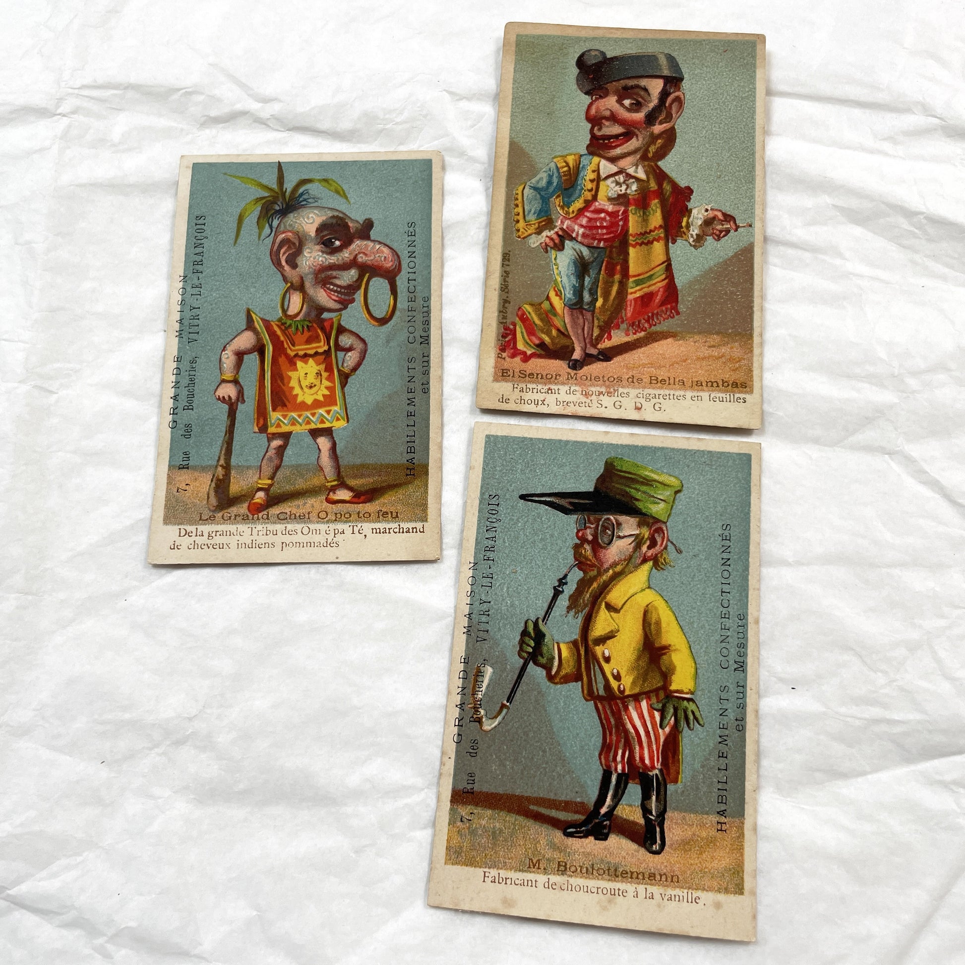 Late 19th Century - French Advertising Trade Cards - Set of Three Humorous Chromos - Caricature Collectibles - Vitry-le-François  Ads