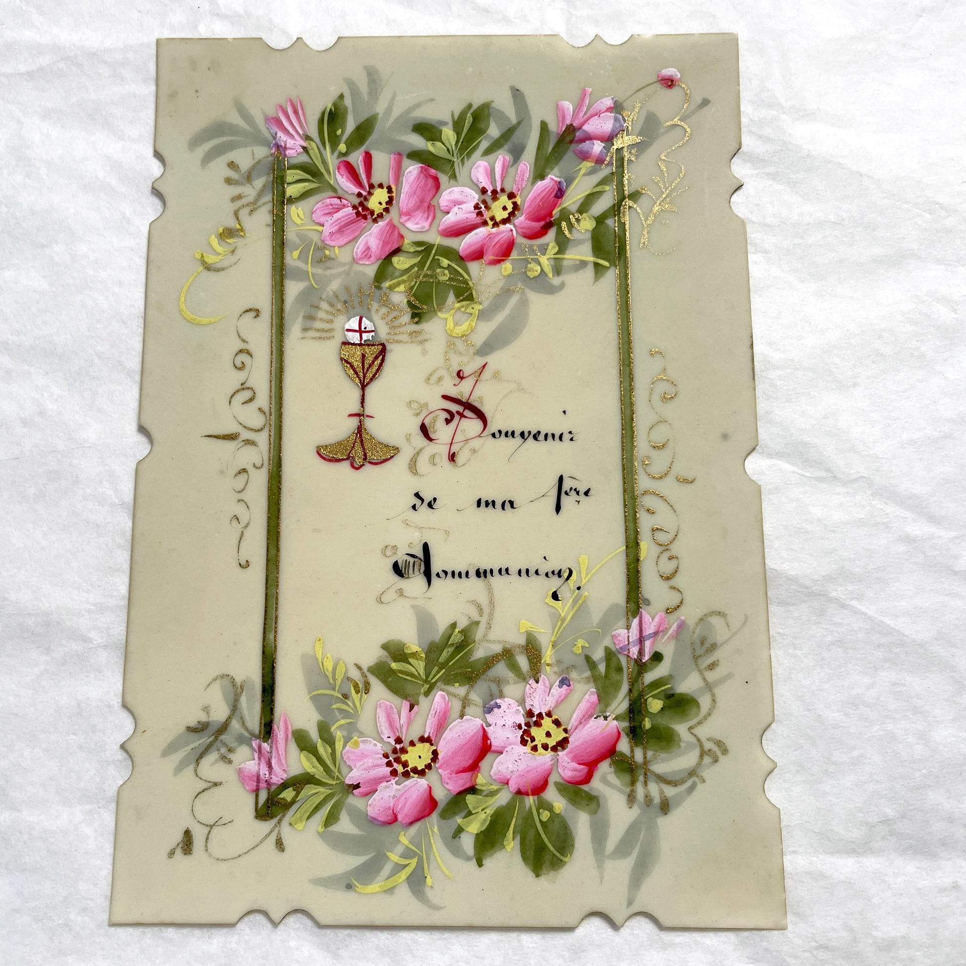 1900s - Antique First Communion Celluloid Card - Hand-Painted Floral Motif - Religious Souvenir - Scalloped Edges - French Devotional Art