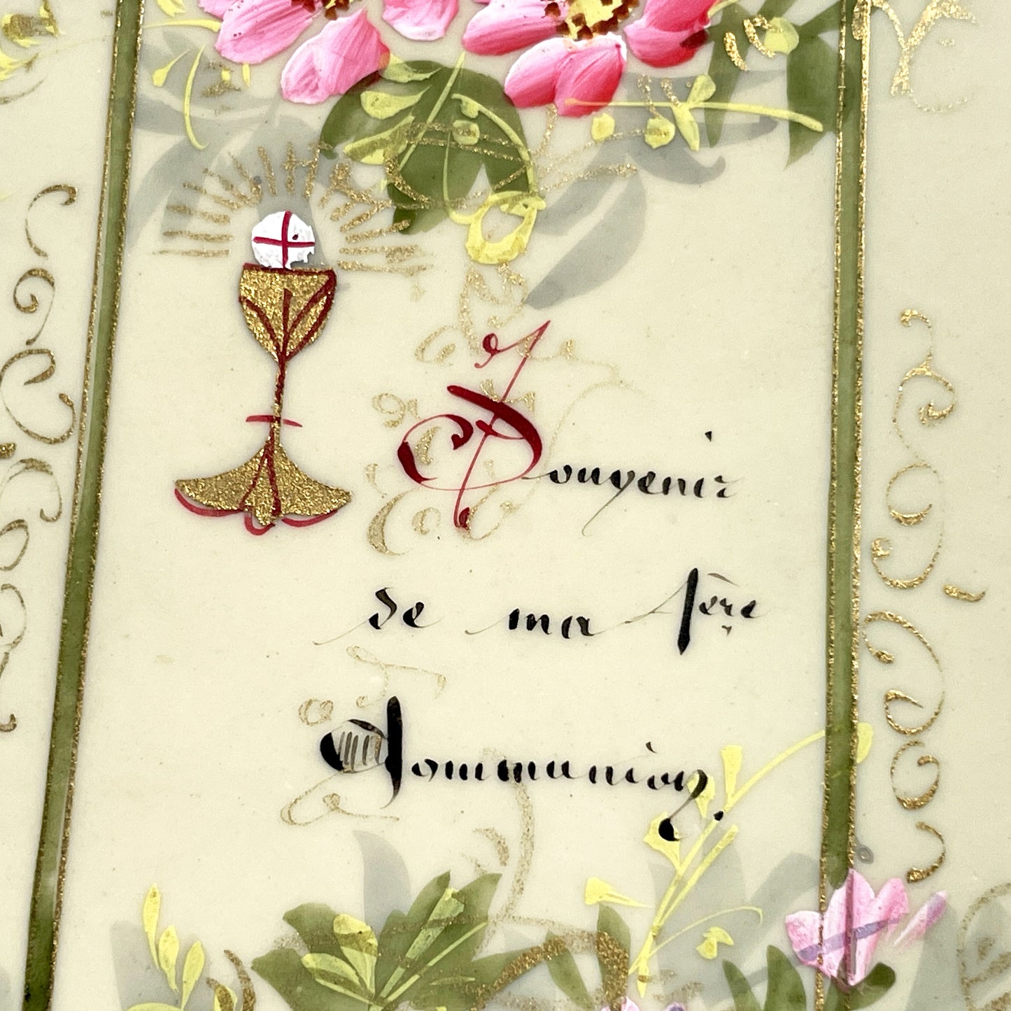 1900s - Antique First Communion Celluloid Card - Hand-Painted Floral Motif - Religious Souvenir - Scalloped Edges - French Devotional Art
