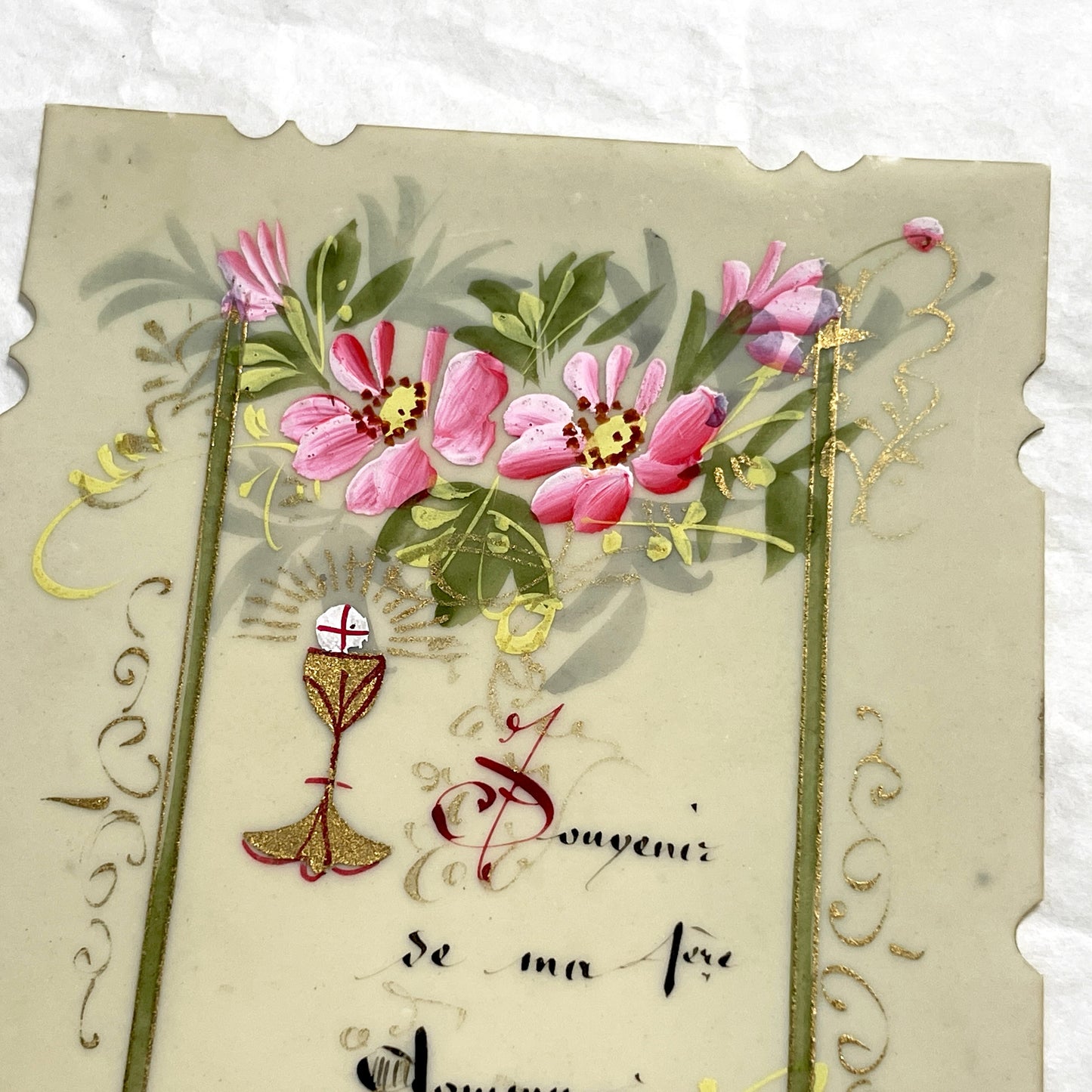 1900s - Antique First Communion Celluloid Card - Hand-Painted Floral Motif - Religious Souvenir - Scalloped Edges - French Devotional Art