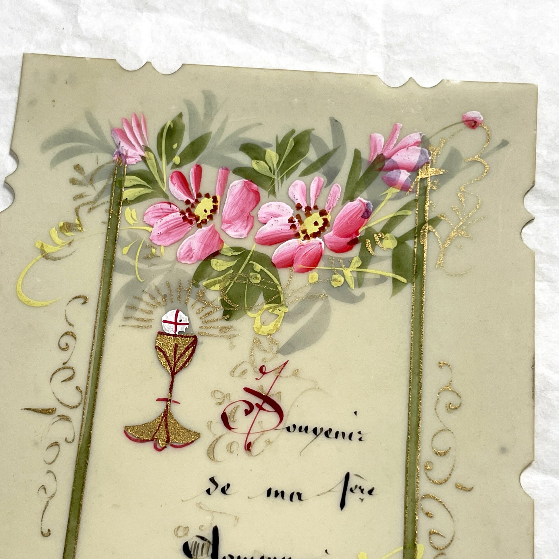 1900s - Antique First Communion Celluloid Card - Hand-Painted Floral Motif - Religious Souvenir - Scalloped Edges - French Devotional Art
