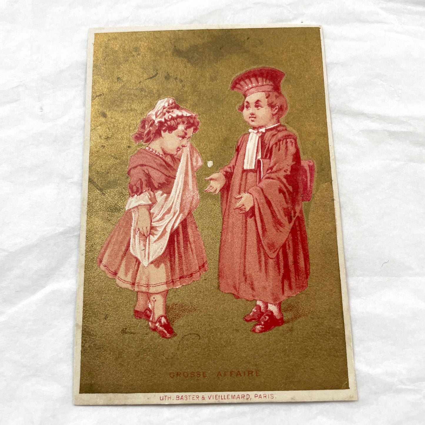 Late 19th - Antique French Chromolithograph Trade Card - 'Grosse Affaire' Children - Gold Accent - Rare Collectible