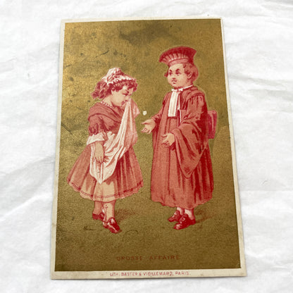 Late 19th - Antique French Chromolithograph Trade Card - 'Grosse Affaire' Children - Gold Accent - Rare Collectible