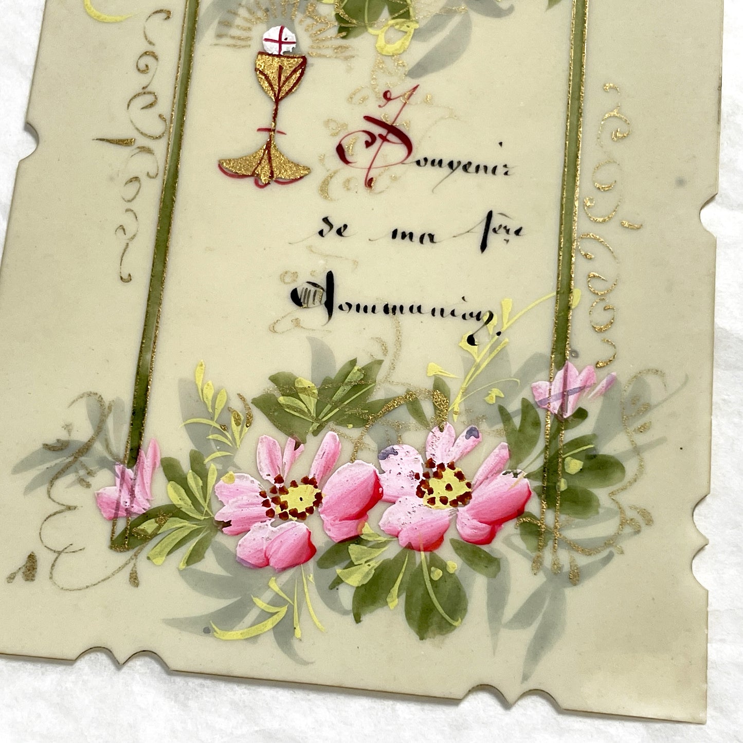 1900s - Antique First Communion Celluloid Card - Hand-Painted Floral Motif - Religious Souvenir - Scalloped Edges - French Devotional Art