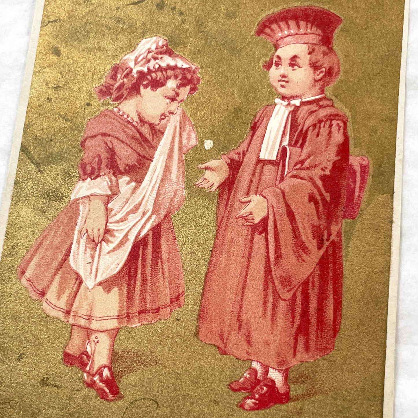 Late 19th - Antique French Chromolithograph Trade Card - 'Grosse Affaire' Children - Gold Accent - Rare Collectible