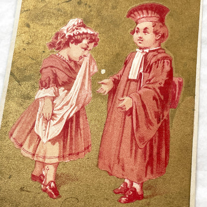 Late 19th - Antique French Chromolithograph Trade Card - 'Grosse Affaire' Children - Gold Accent - Rare Collectible