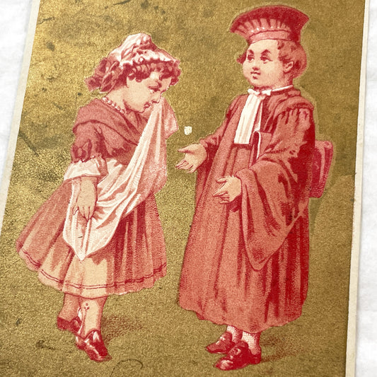 Late 19th - Antique French Chromolithograph Trade Card - 'Grosse Affaire' Children - Gold Accent - Rare Collectible