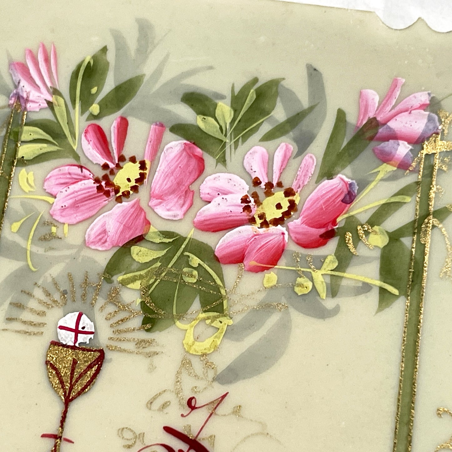 1900s - Antique First Communion Celluloid Card - Hand-Painted Floral Motif - Religious Souvenir - Scalloped Edges - French Devotional Art