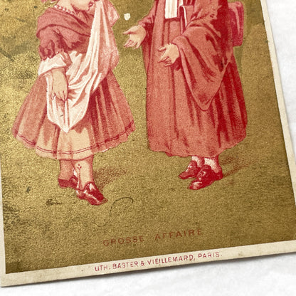 Late 19th - Antique French Chromolithograph Trade Card - 'Grosse Affaire' Children - Gold Accent - Rare Collectible