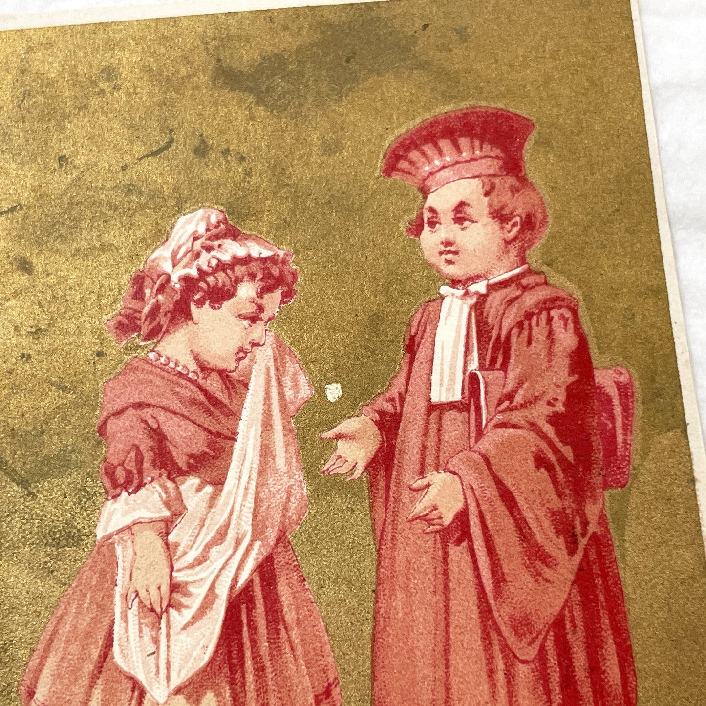 Late 19th - Antique French Chromolithograph Trade Card - 'Grosse Affaire' Children - Gold Accent - Rare Collectible