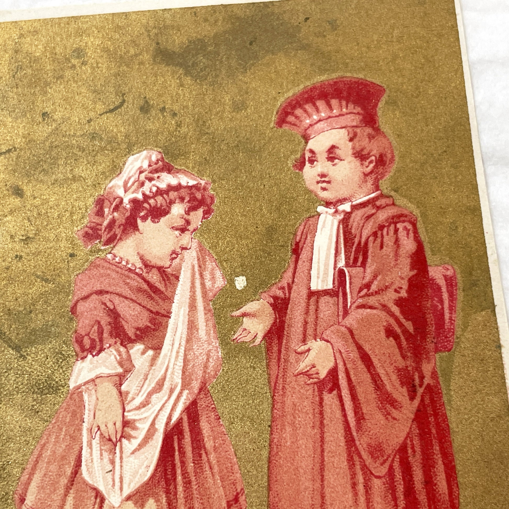 Late 19th - Antique French Chromolithograph Trade Card - 'Grosse Affaire' Children - Gold Accent - Rare Collectible