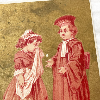 Late 19th - Antique French Chromolithograph Trade Card - 'Grosse Affaire' Children - Gold Accent - Rare Collectible