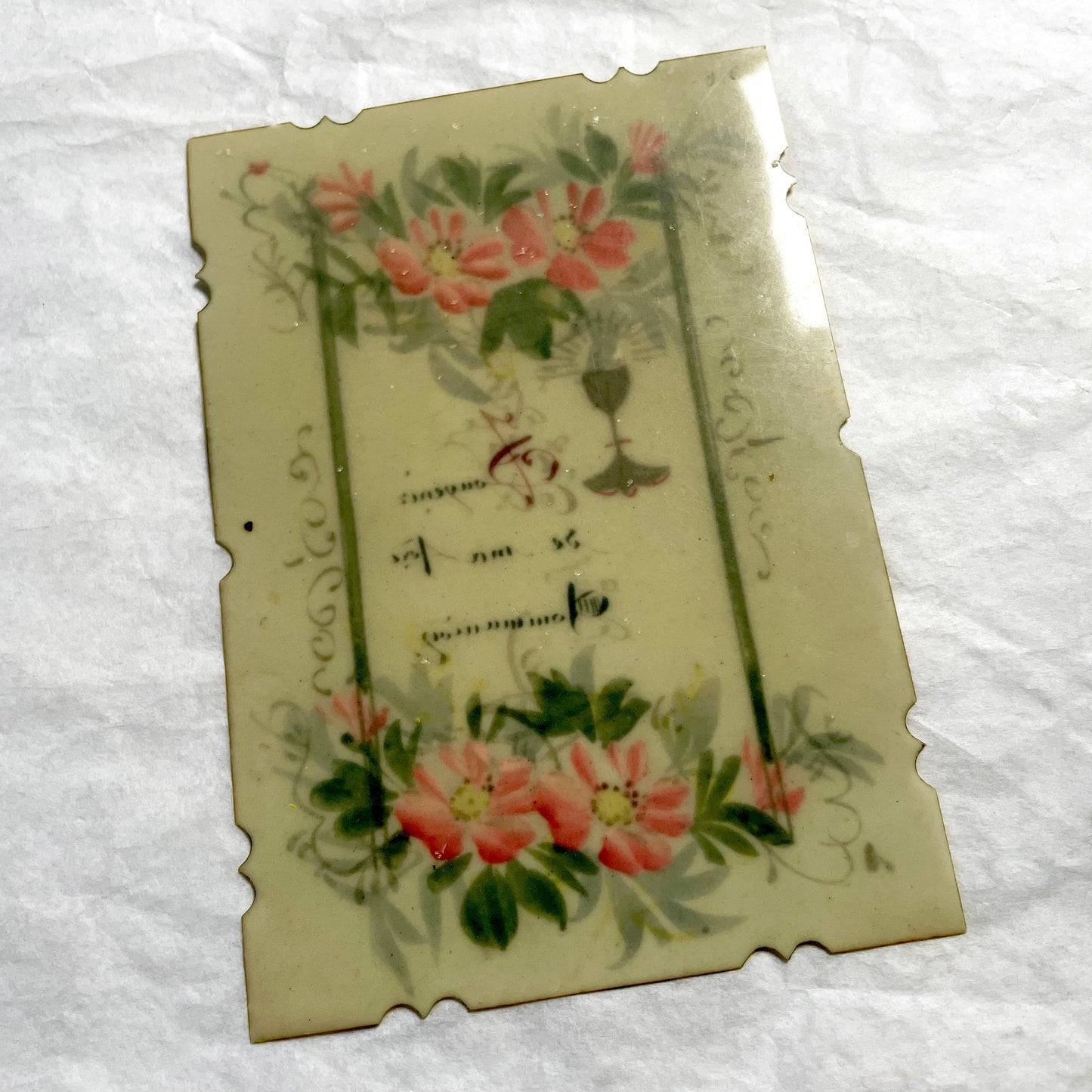 1900s - Antique First Communion Celluloid Card - Hand-Painted Floral Motif - Religious Souvenir - Scalloped Edges - French Devotional Art