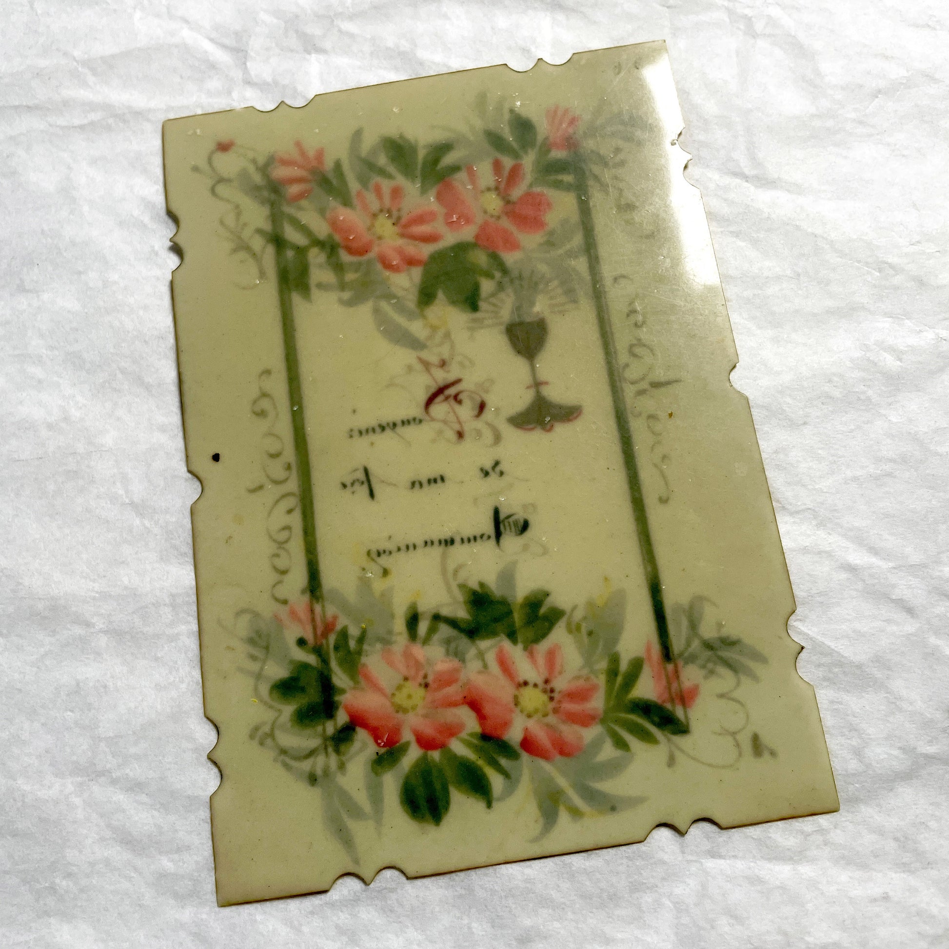 1900s - Antique First Communion Celluloid Card - Hand-Painted Floral Motif - Religious Souvenir - Scalloped Edges - French Devotional Art