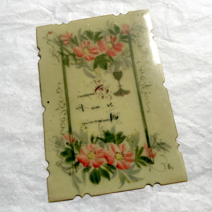 1900s - Antique First Communion Celluloid Card - Hand-Painted Floral Motif - Religious Souvenir - Scalloped Edges - French Devotional Art