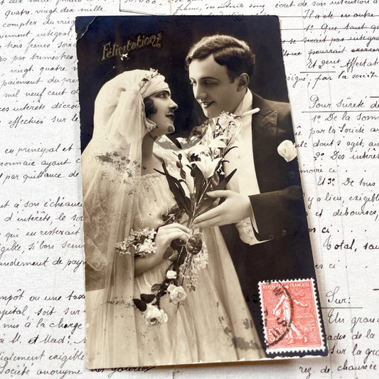 1910s - Vintage French Wedding Postcard - Sepia Bride Groom Photo - Félicitations - Antique Romance Ephemera - Collectible