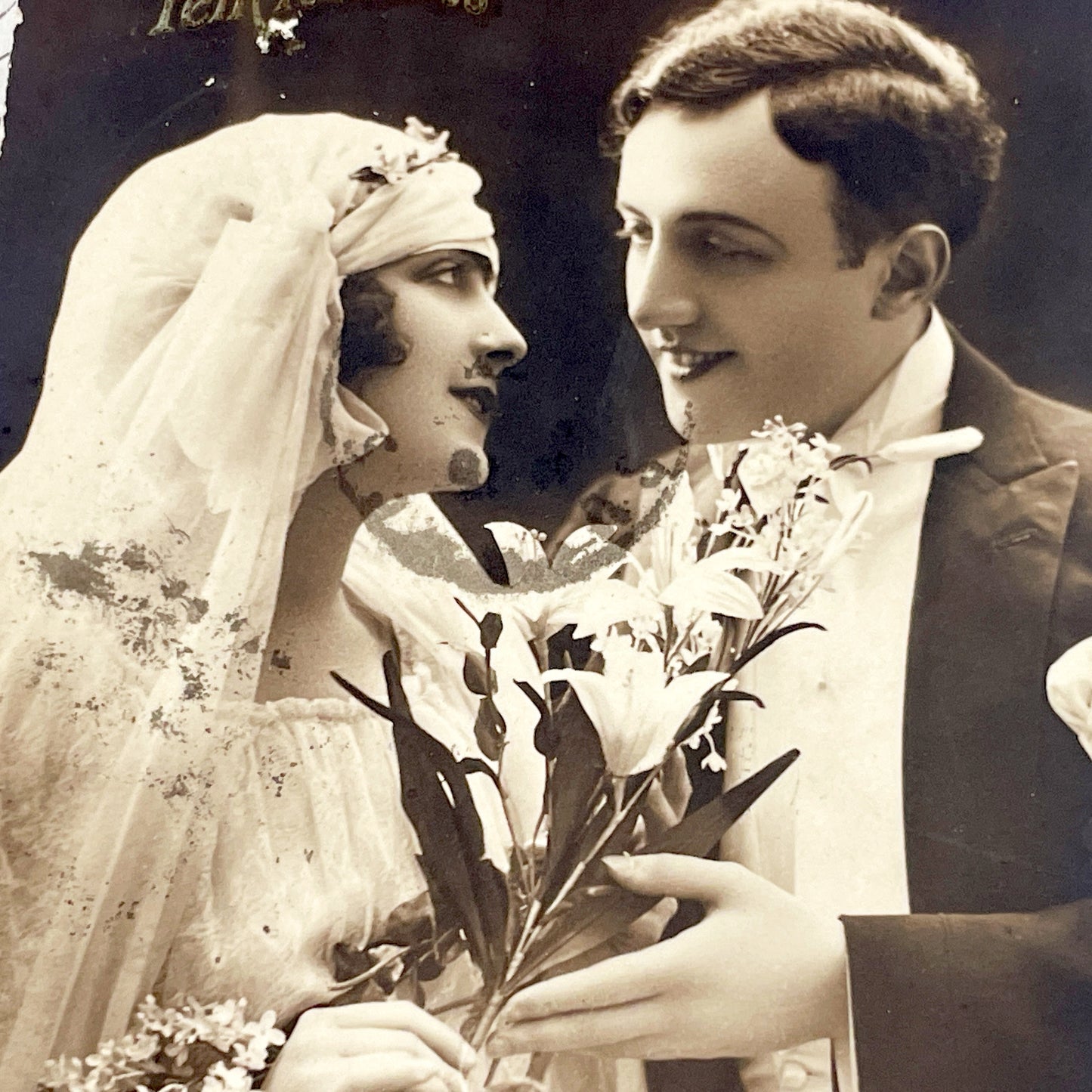 1910s - Vintage French Wedding Postcard - Sepia Bride Groom Photo - Félicitations - Antique Romance Ephemera - Collectible