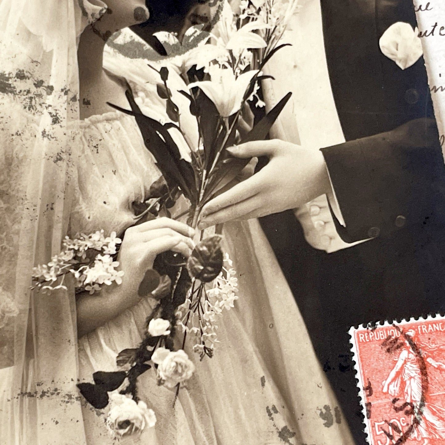 1910s - Vintage French Wedding Postcard - Sepia Bride Groom Photo - Félicitations - Antique Romance Ephemera - Collectible