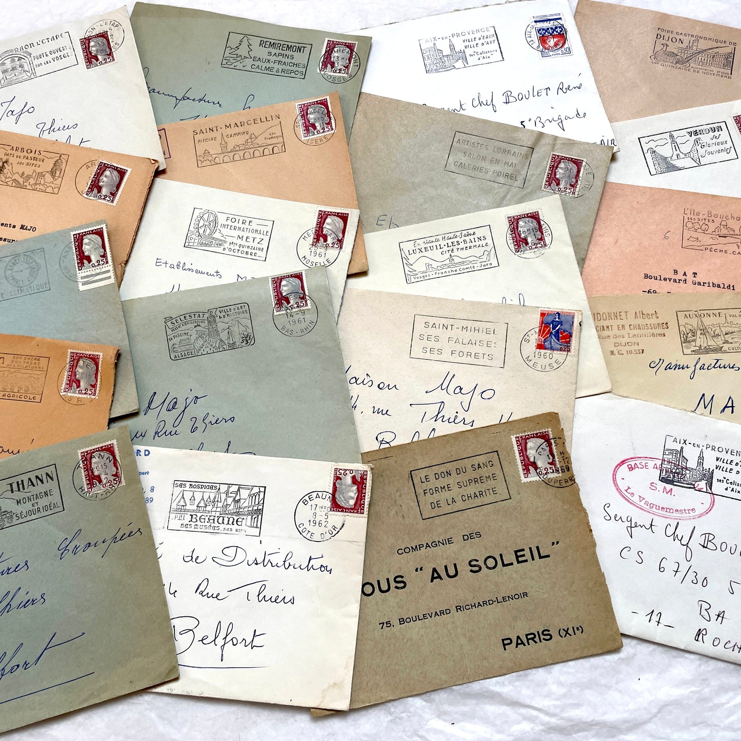 1960s French envelopes lot with vintage postmarks and Marianne stamps, showing diverse regional illustrations from France.