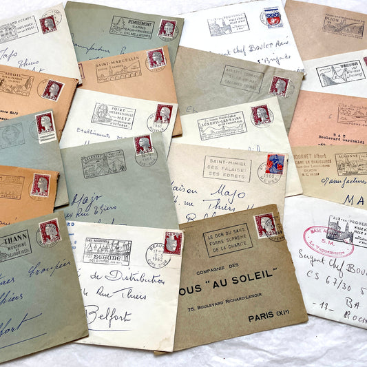 1960s French envelopes lot with vintage postmarks and Marianne stamps, showing diverse regional illustrations from France.