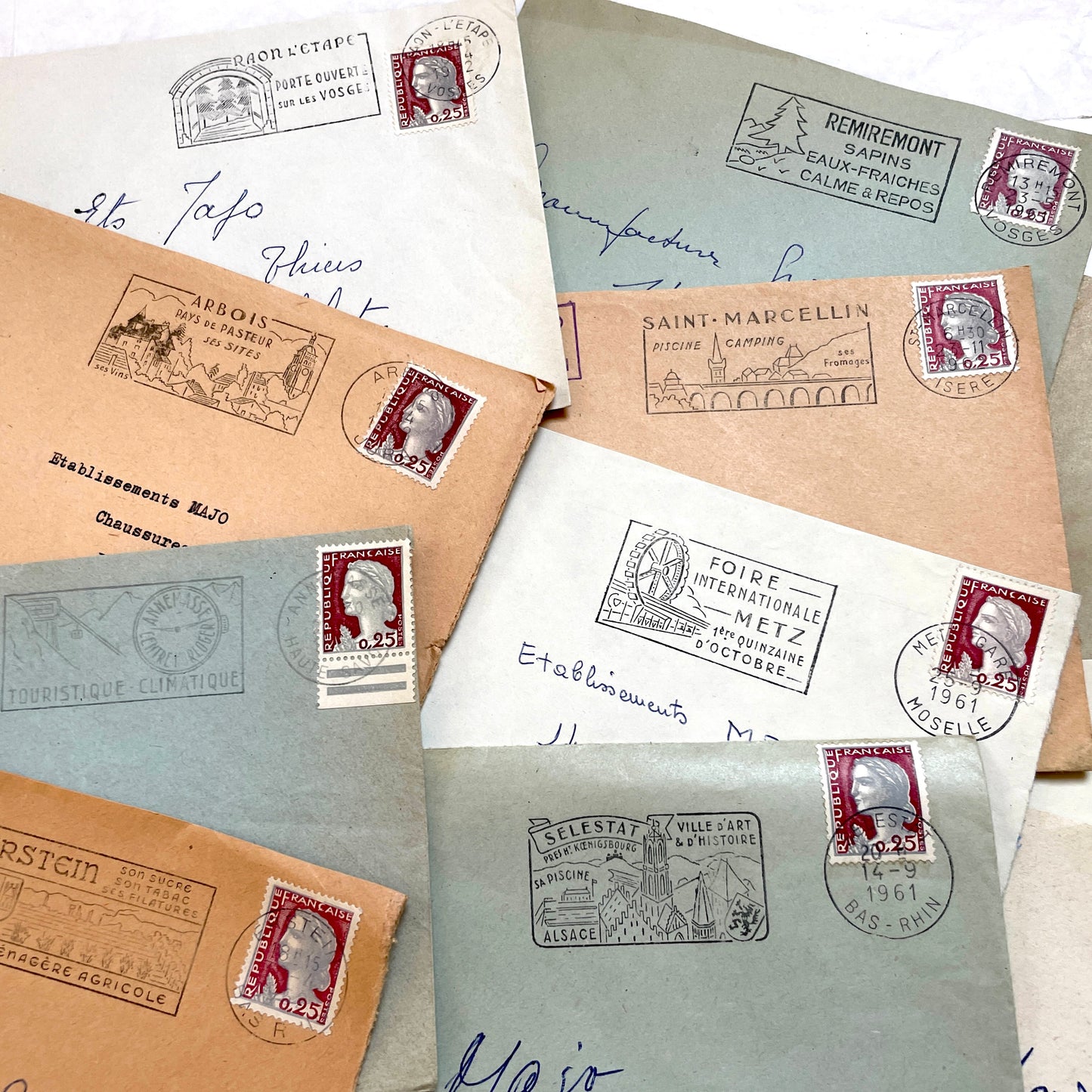 1960s French envelopes lot with vintage postmarks and Marianne stamps, showing diverse regional illustrations from France.
