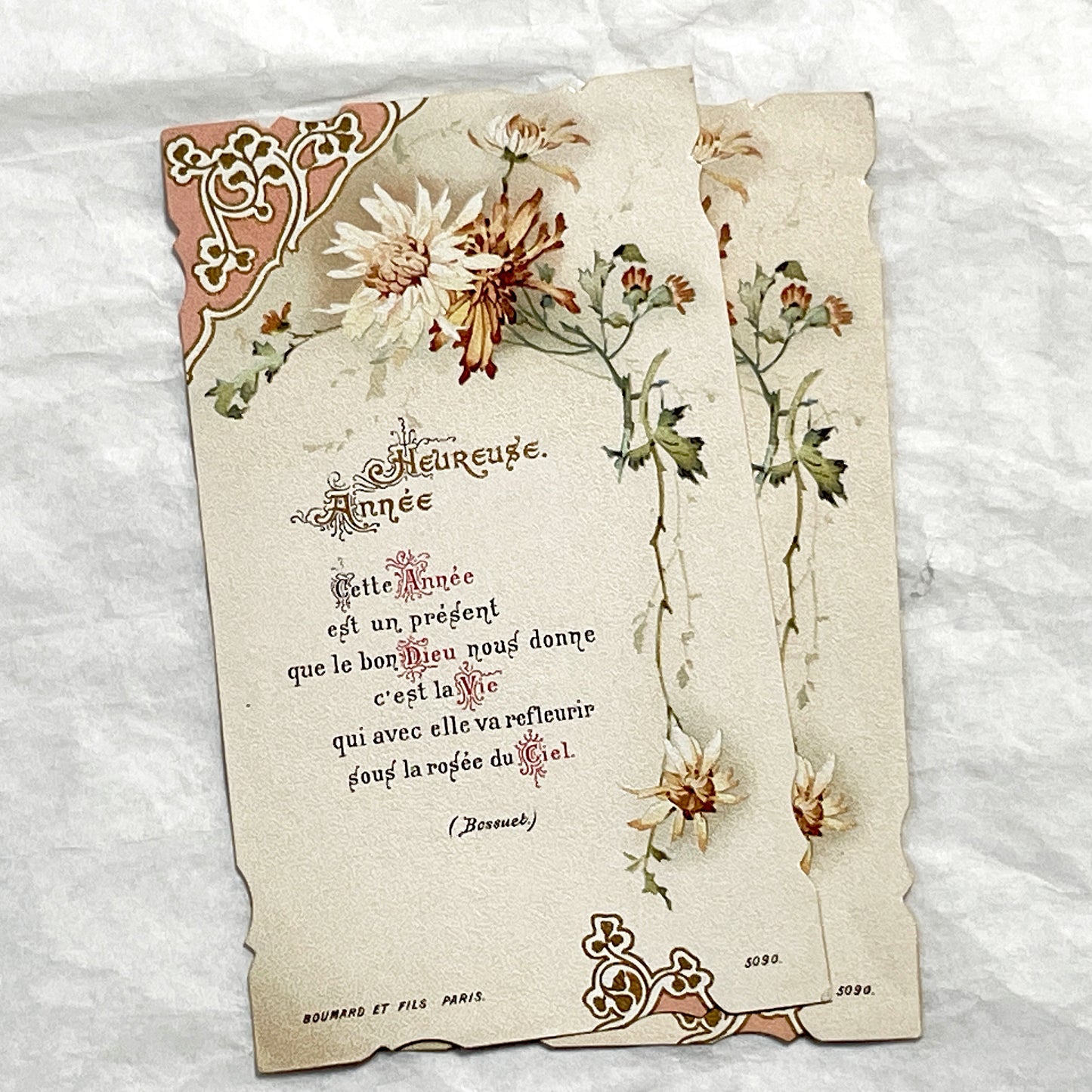 1900s - Vintage French New Year Card - Floral Art - Boumard et Fils Paris - Religious Quote - Antique Ephemera - Collectible Greeting Cards