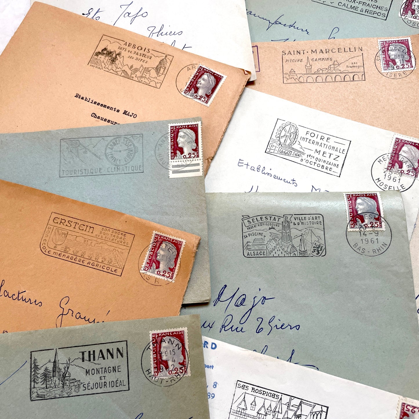 1960s French envelopes lot with vintage postmarks and Marianne stamps, showing diverse regional illustrations from France.