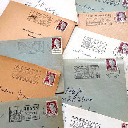 1960s French envelopes lot with vintage postmarks and Marianne stamps, showing diverse regional illustrations from France.