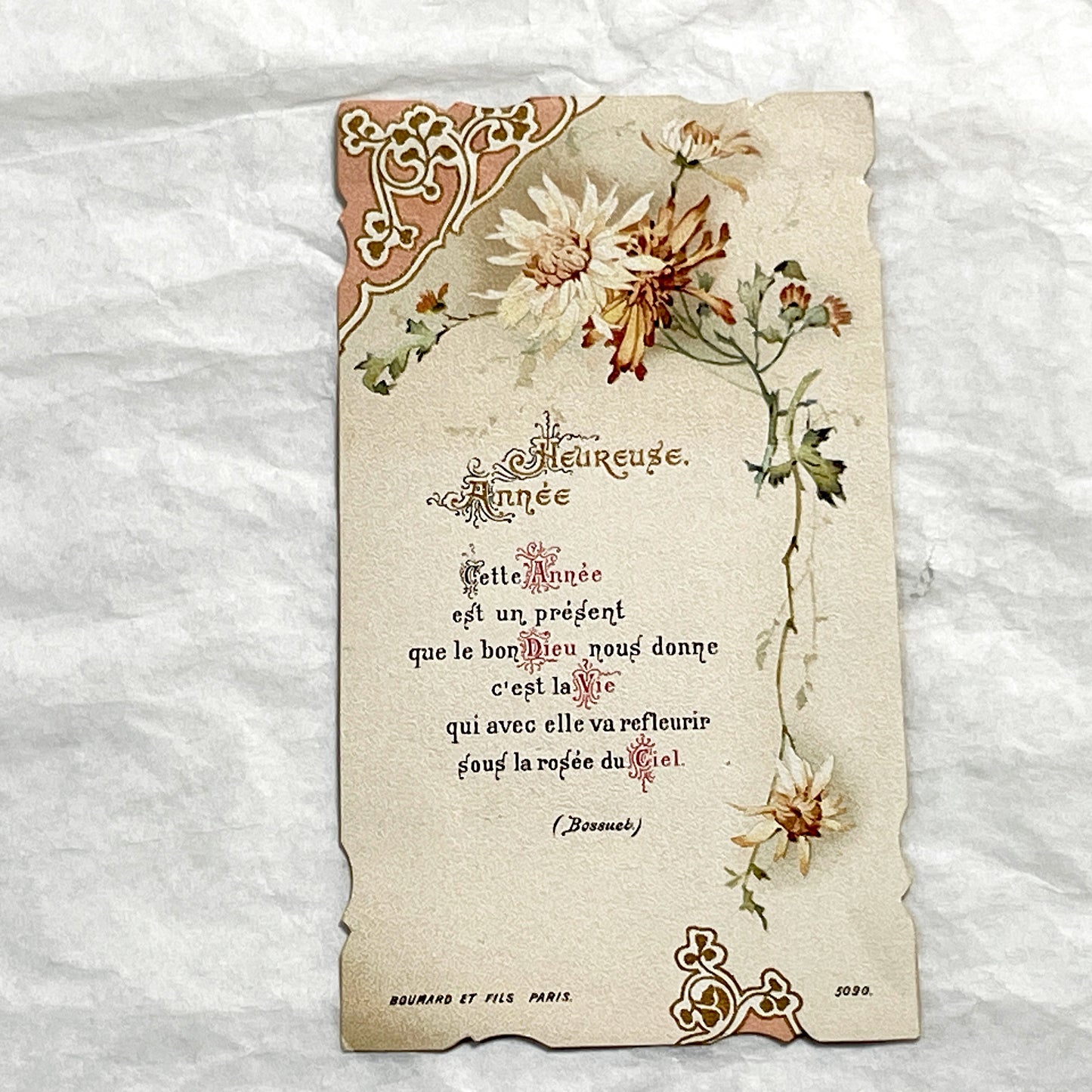 1900s - Vintage French New Year Card - Floral Art - Boumard et Fils Paris - Religious Quote - Antique Ephemera - Collectible Greeting Cards