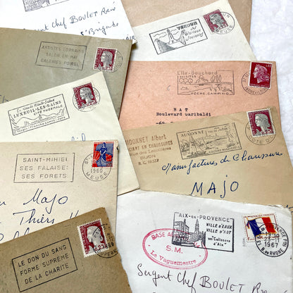 1960s French envelopes lot with vintage postmarks and Marianne stamps, showing diverse regional illustrations from France.