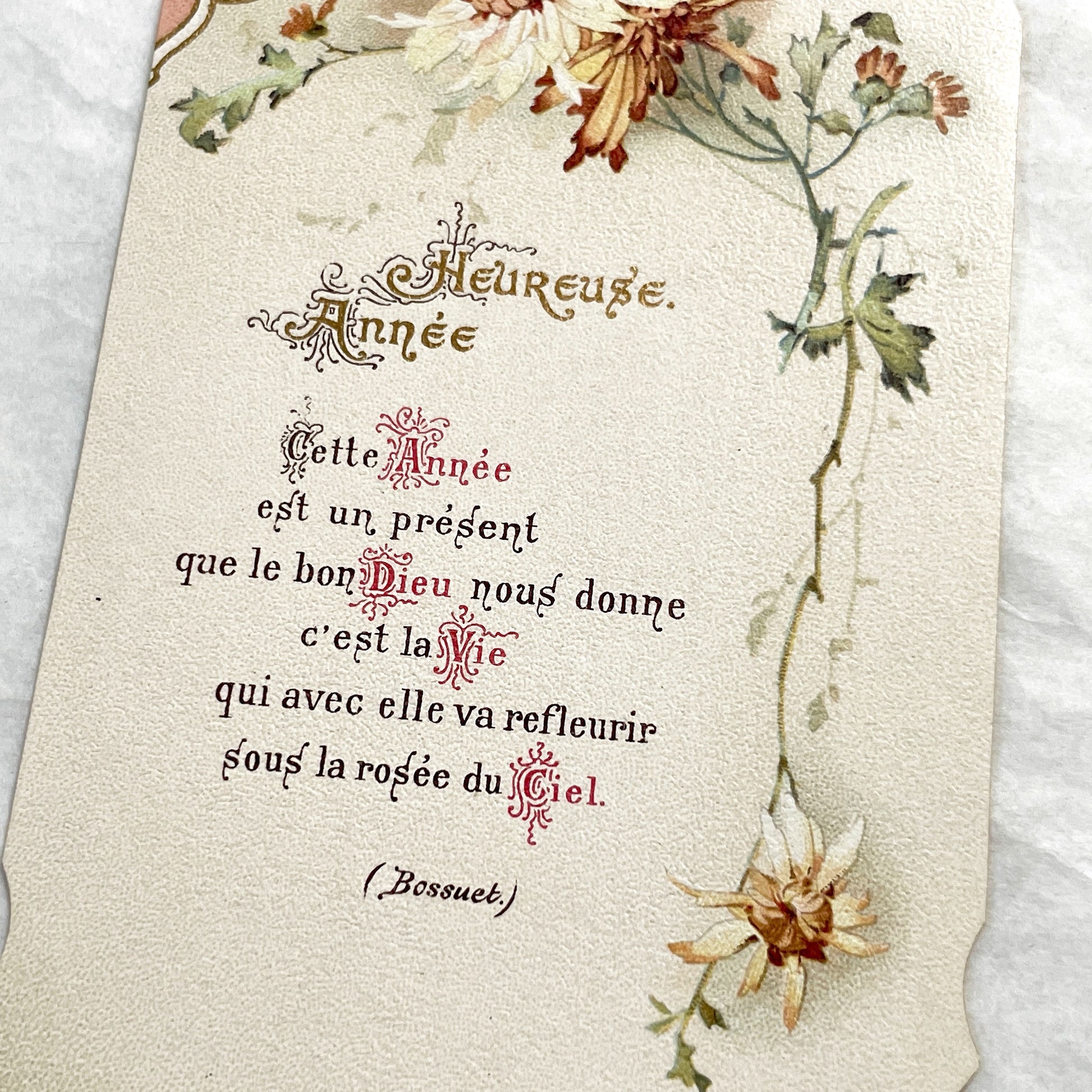 1900s - Vintage French New Year Card - Floral Art - Boumard et Fils Paris - Religious Quote - Antique Ephemera - Collectible Greeting Cards