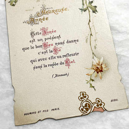 1900s - Vintage French New Year Card - Floral Art - Boumard et Fils Paris - Religious Quote - Antique Ephemera - Collectible Greeting Cards