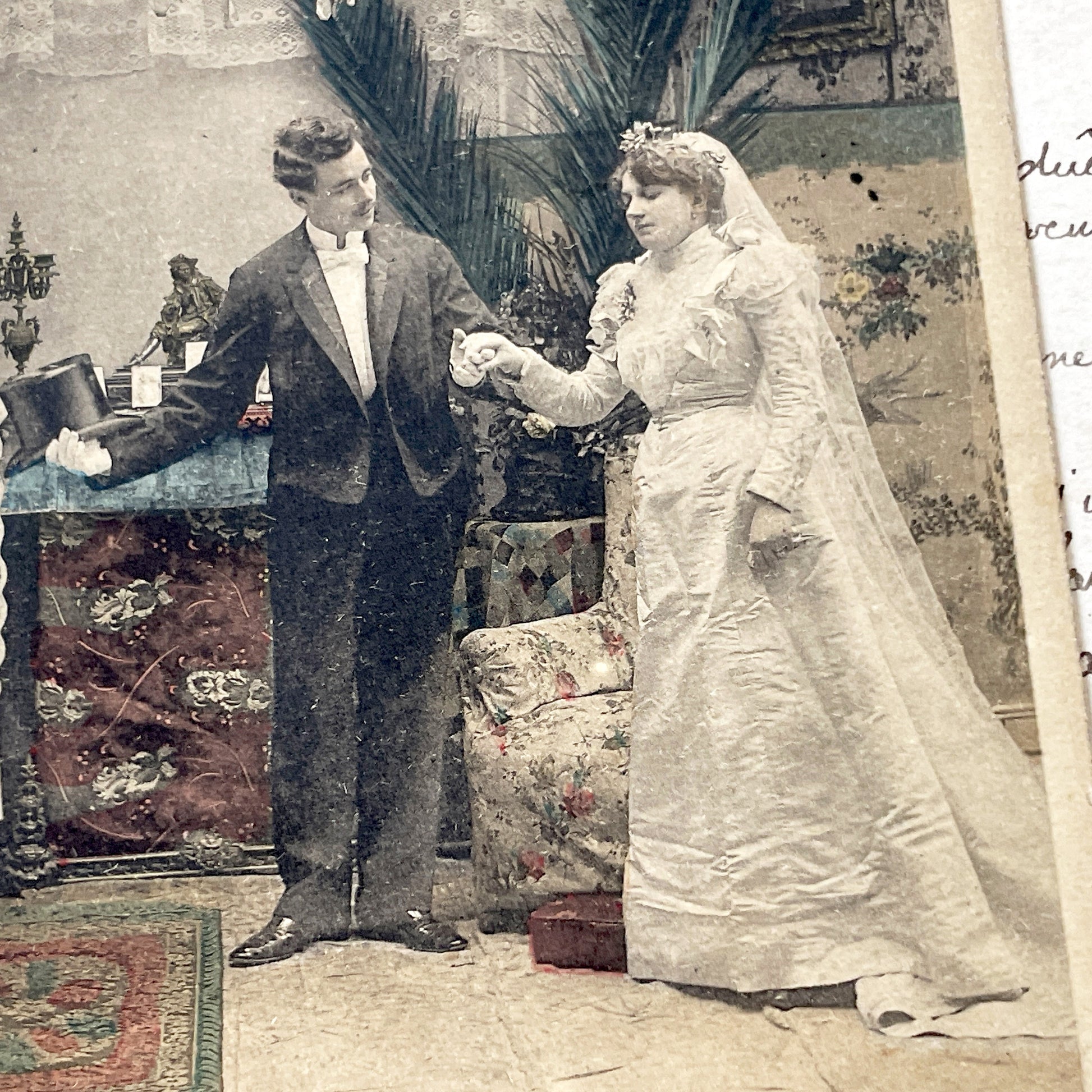 1900s - Vintage Wedding Photo - Elegant Edwardian Bride Groom Portrait - Studio Marriage Scene - Antique Ephemera Memento