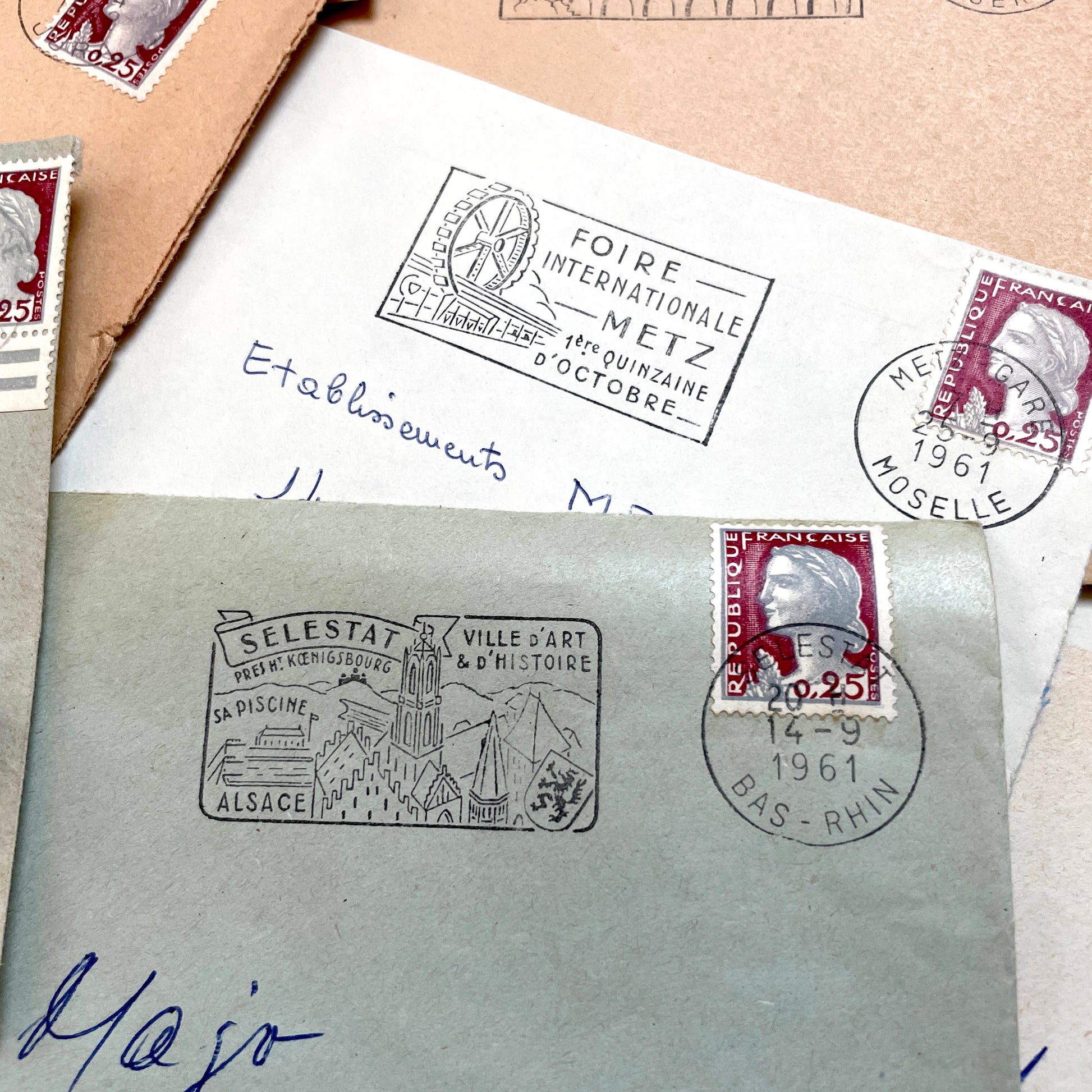 1960s French envelopes lot with vintage postmarks and Marianne stamps, showing diverse regional illustrations from France.