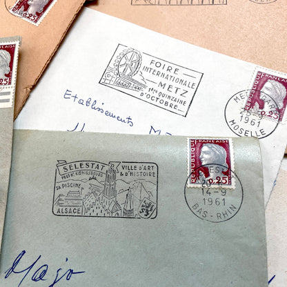 1960s French envelopes lot with vintage postmarks and Marianne stamps, showing diverse regional illustrations from France.