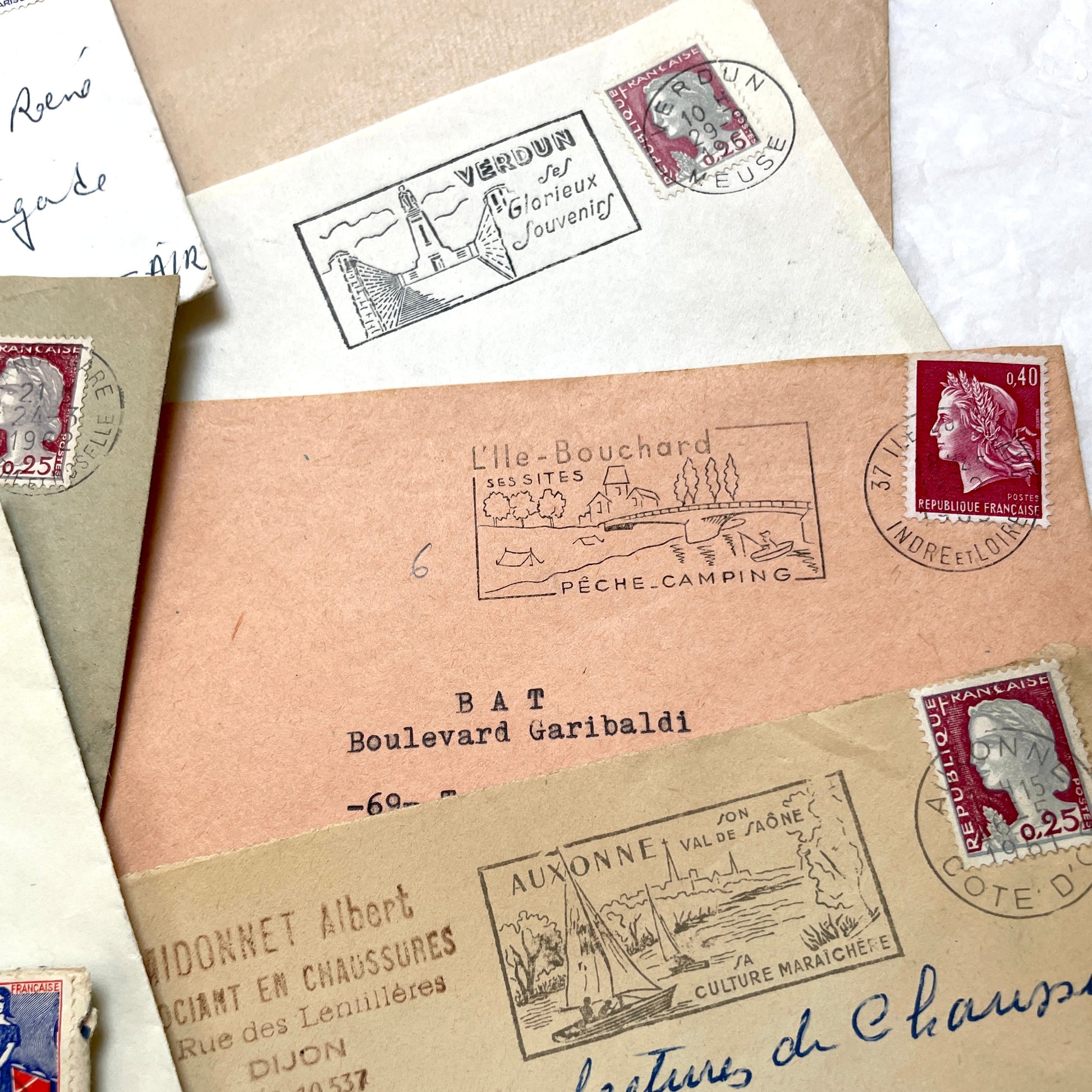 1960s French envelopes lot with vintage postmarks and Marianne stamps, showing diverse regional illustrations from France.