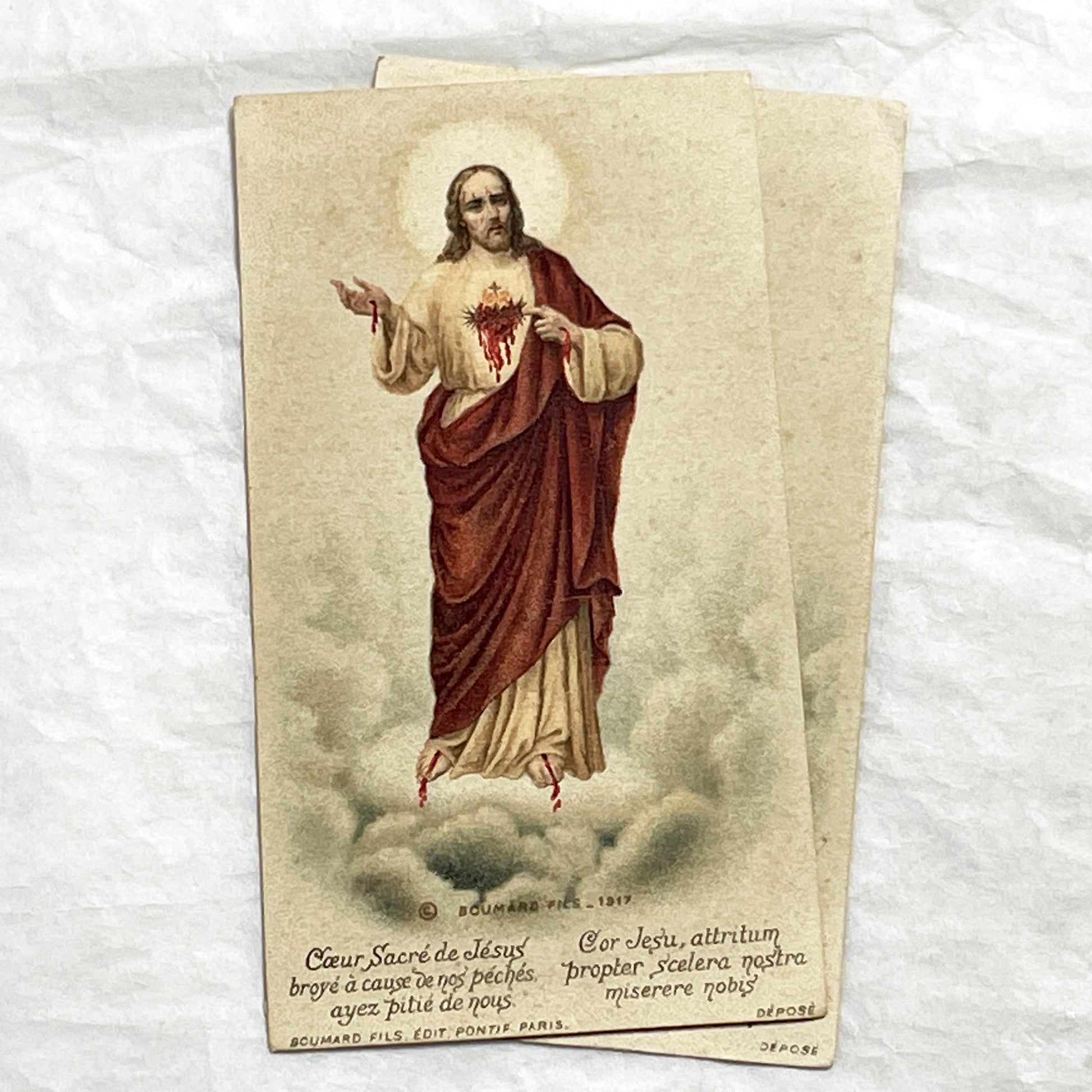 1910s - Antique French Prayer Card - Sacred Heart of Jesus Image - Religious Ephemera - Collectible Catholic Devotional Item