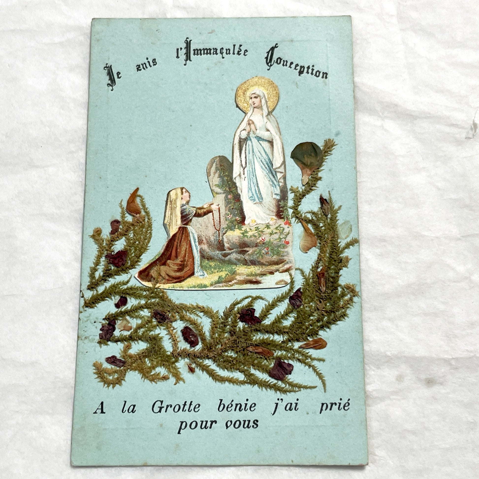 1900s - Vintage French Religious Holy Card - Our Lady of Lourdes - Immaculate Conception - Dried Flowers Memento - Pilgrimage Ephemera
