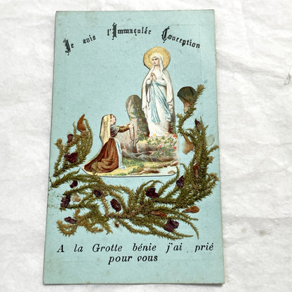 1900s - Vintage French Religious Holy Card - Our Lady of Lourdes - Immaculate Conception - Dried Flowers Memento - Pilgrimage Ephemera