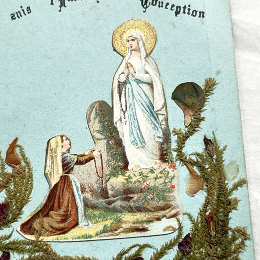 1900s - Vintage French Religious Holy Card - Our Lady of Lourdes - Immaculate Conception - Dried Flowers Memento - Pilgrimage Ephemera