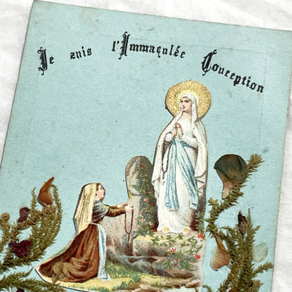 1900s - Vintage French Religious Holy Card - Our Lady of Lourdes - Immaculate Conception - Dried Flowers Memento - Pilgrimage Ephemera