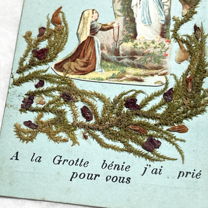 1900s - Vintage French Religious Holy Card - Our Lady of Lourdes - Immaculate Conception - Dried Flowers Memento - Pilgrimage Ephemera