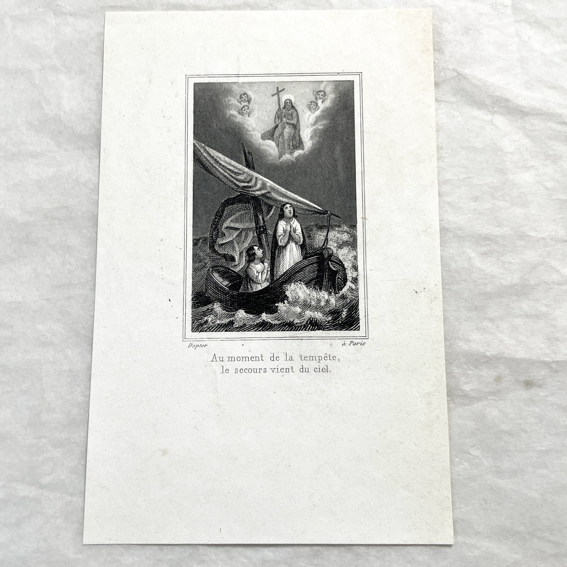 Late 19th - Vintage Religious Print - Divine Intervention During a Storm - Jesus and Angels Appearing to Seafarers - French Text