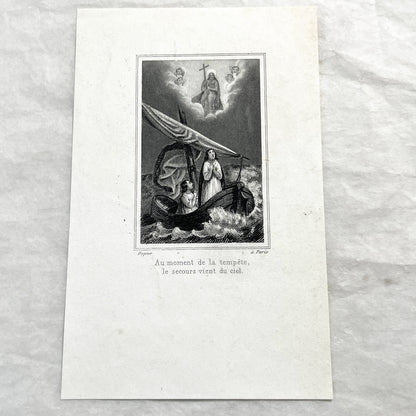 Late 19th - Vintage Religious Print - Divine Intervention During a Storm - Jesus and Angels Appearing to Seafarers - French Text