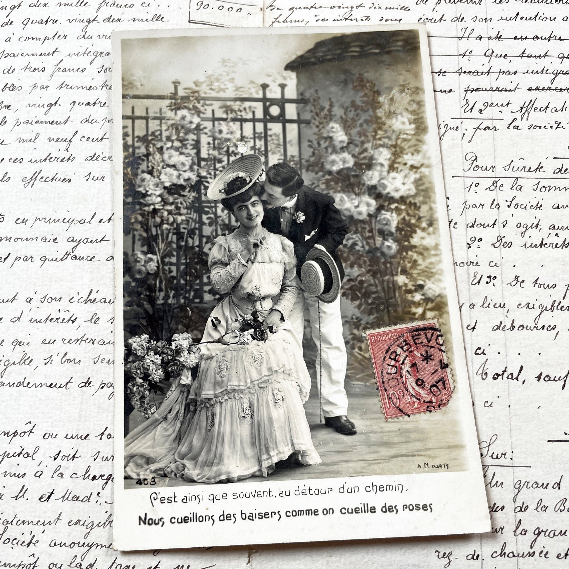 1900s - French Romantic Kiss Postcard - Belle Époque Couple - Edwardian Fashion - Vintage Love Letter Ephemera - Collectible Paper Art