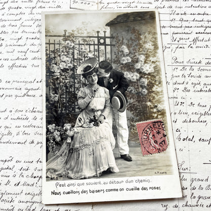 1900s - French Romantic Kiss Postcard - Belle Époque Couple - Edwardian Fashion - Vintage Love Letter Ephemera - Collectible Paper Art