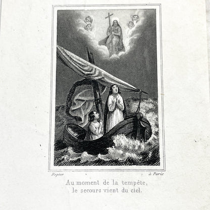 Late 19th - Vintage Religious Print - Divine Intervention During a Storm - Jesus and Angels Appearing to Seafarers - French Text