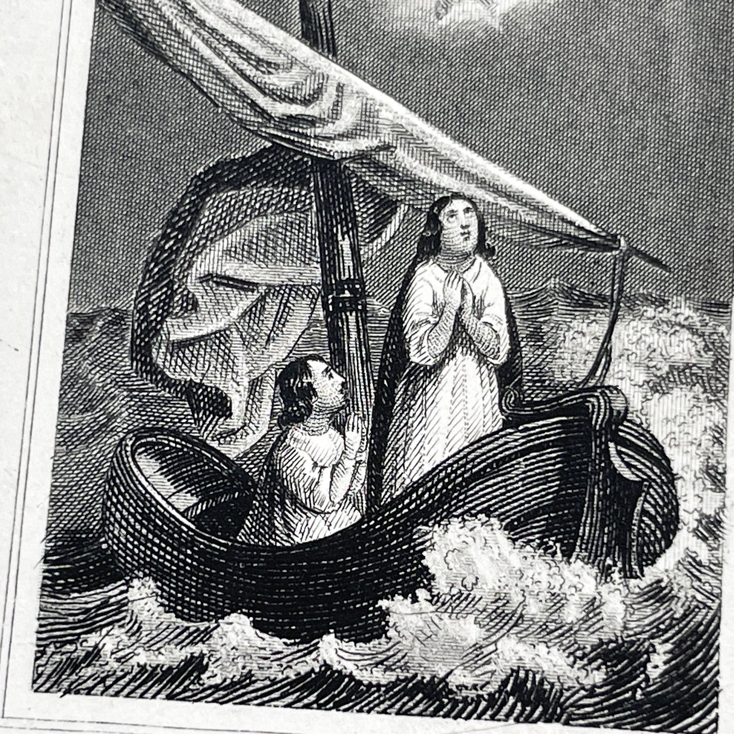 Late 19th - Vintage Religious Print - Divine Intervention During a Storm - Jesus and Angels Appearing to Seafarers - French Text