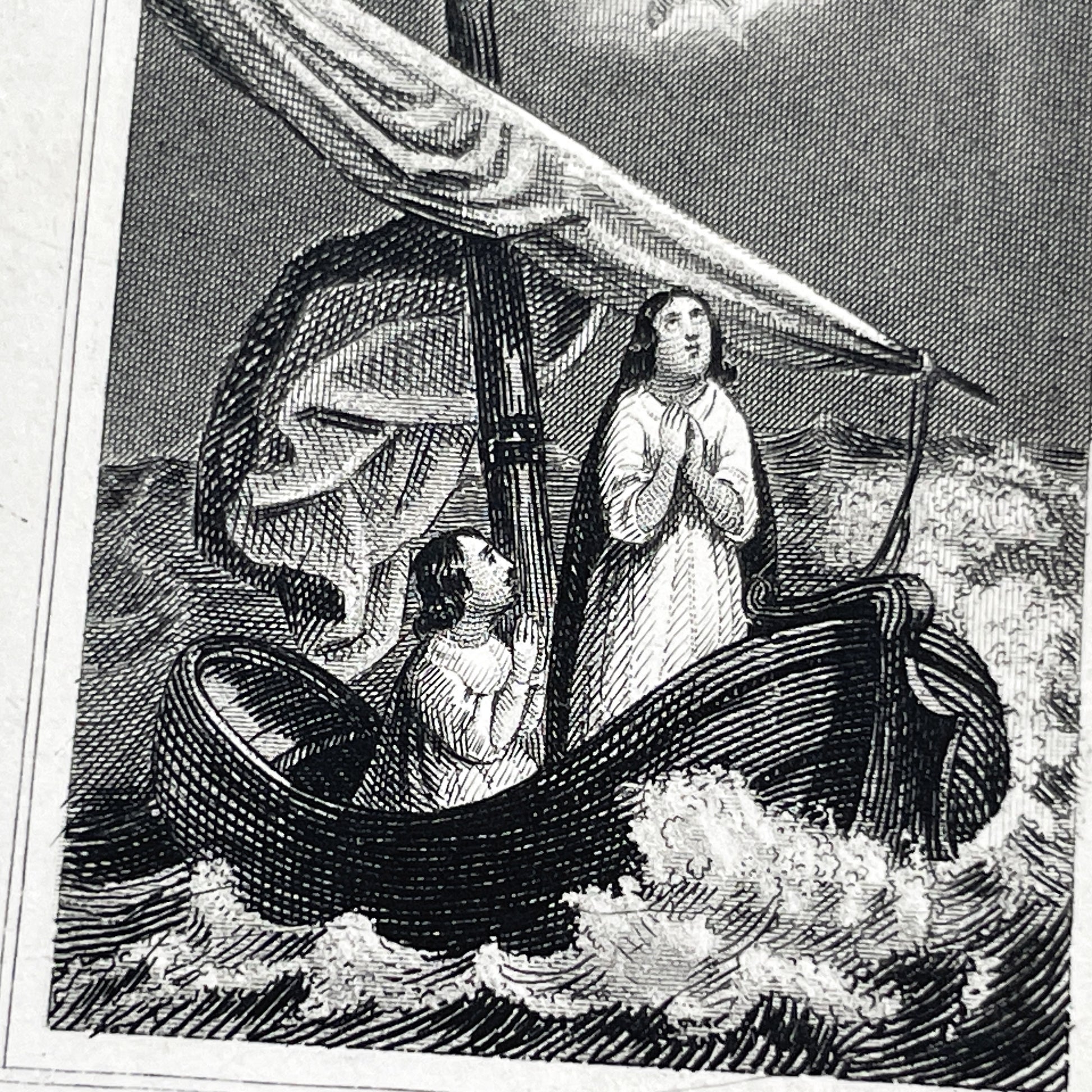 Late 19th - Vintage Religious Print - Divine Intervention During a Storm - Jesus and Angels Appearing to Seafarers - French Text